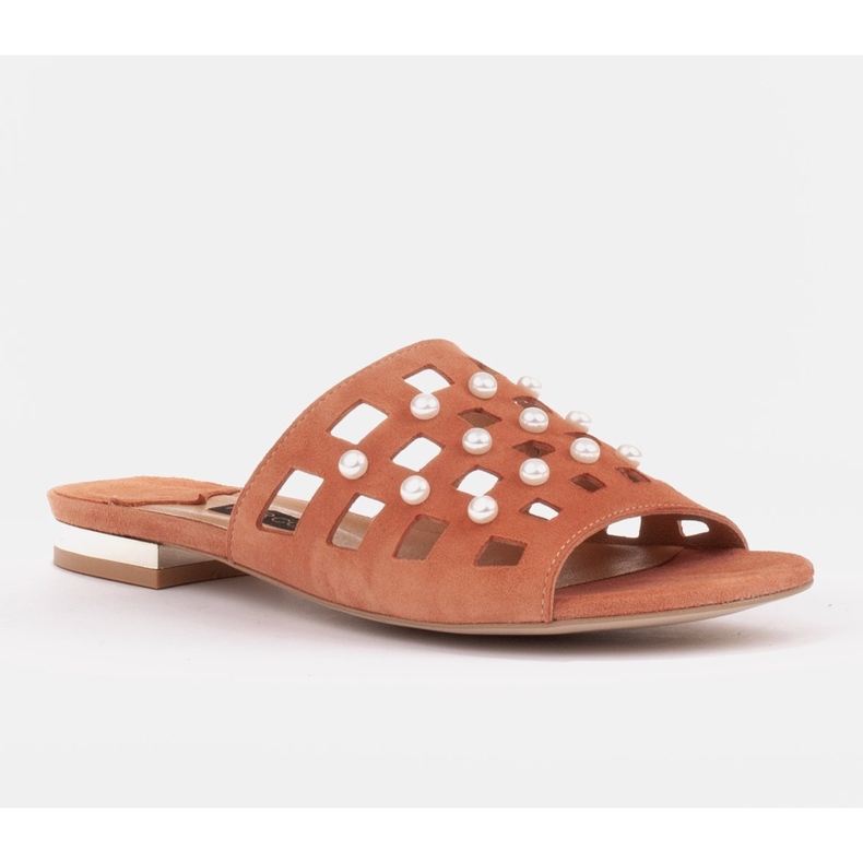 Marco Shoes Chinelos femininos elegantes com pérolas e perfuração laranja 1