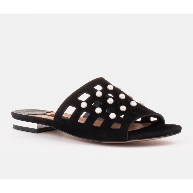 Marco Shoes Chinelos femininos elegantes com pérolas e perfuração preto 1