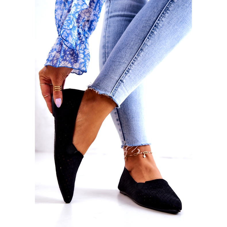 LU BOO Bailarinas femininas Openwork Slip-on Black Rosario preto 3