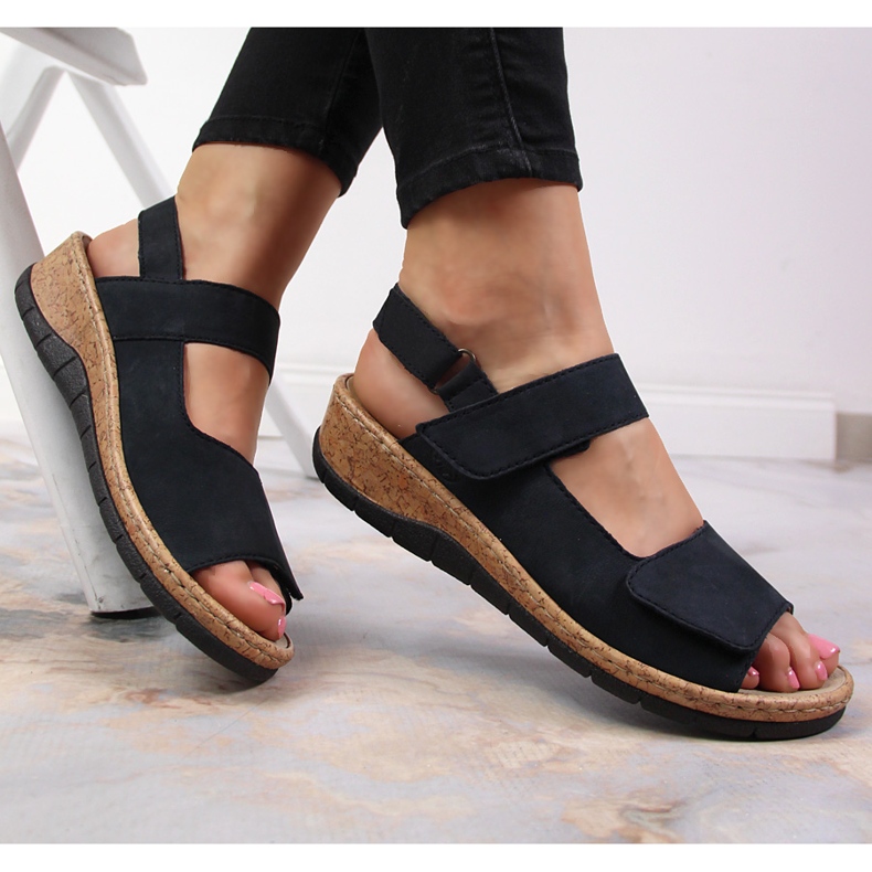 Sandálias femininas de couro na cunha Rieker V7170-14 azul marinho 1