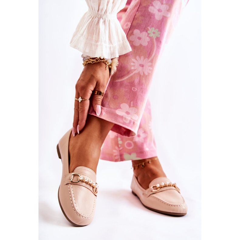 PG1 Mocassins femininos com pérolas decorativas Bege Sergia 2