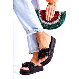 Chinelos de plataforma femininos com decorações, pretos 2