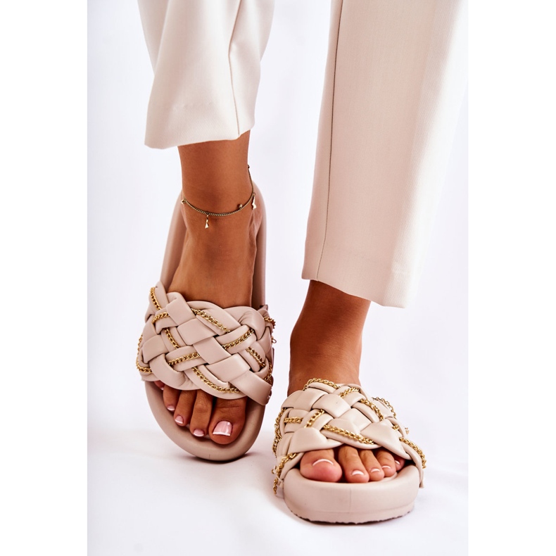PS1 Chinelos femininos de couro com corrente soline bege 1