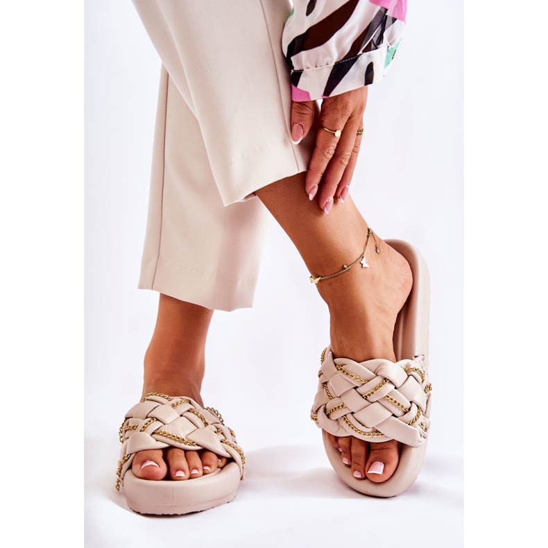 PS1 Chinelos femininos de couro com corrente soline bege 2