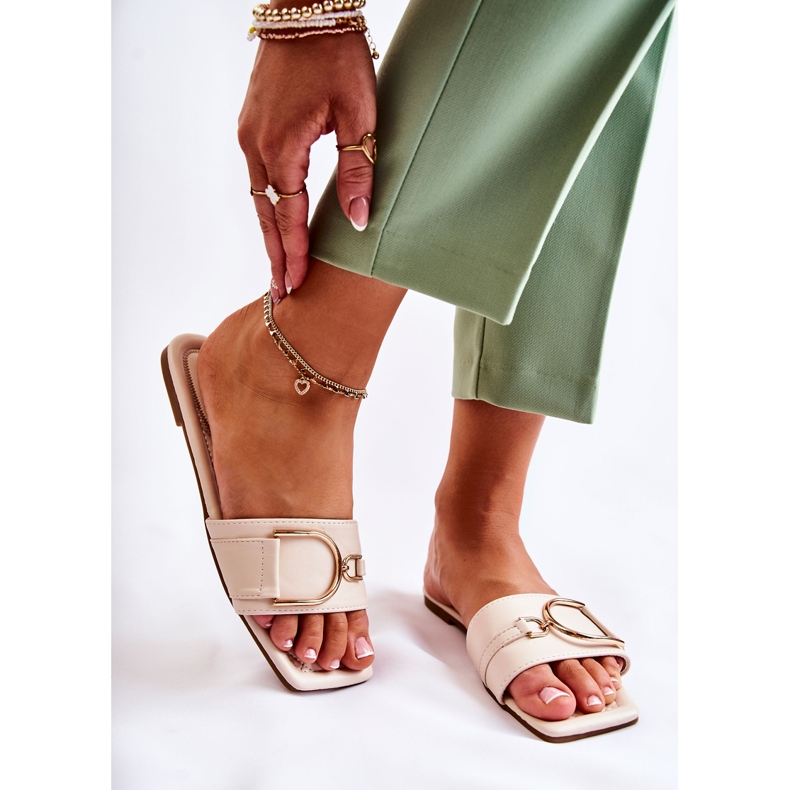 PG2 Chinelos femininos de couro clássico com decoração bege Shilla dourado 2