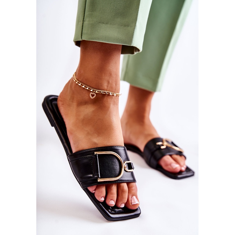 PG2 Chinelos femininos de couro clássico com decoração Shilla preta preto 2