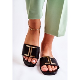 PG1 Chinelos femininos de couro clássico com ornamento preto Maren 1