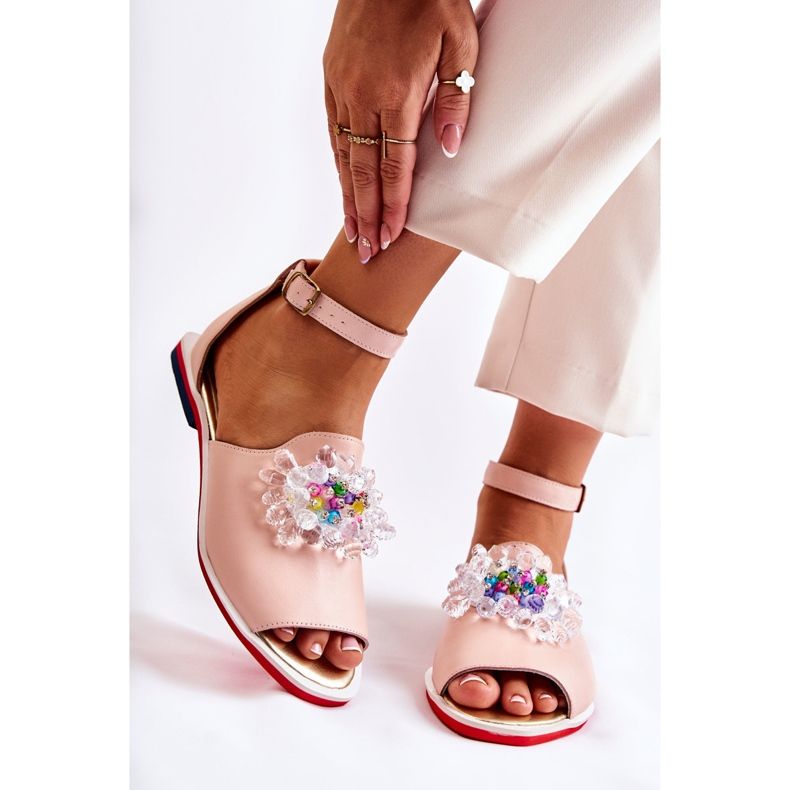 Sandálias femininas de couro com decoração Nevassa rosa brilhante 1