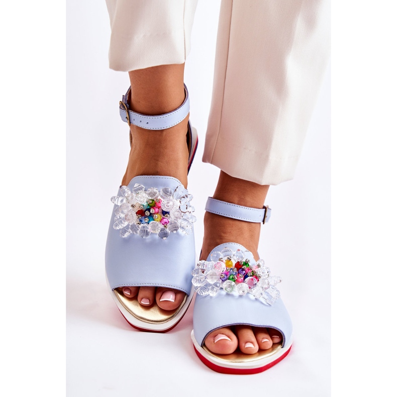 PA2 Sandálias femininas de couro com decoração azul Nevassa 2