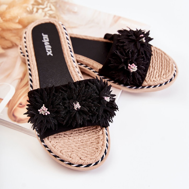 WJ1 Chinelos femininos com flores de material Susana preta preto 2 WJ1 Chinelos femininos com flores de material Susana preta preto 2