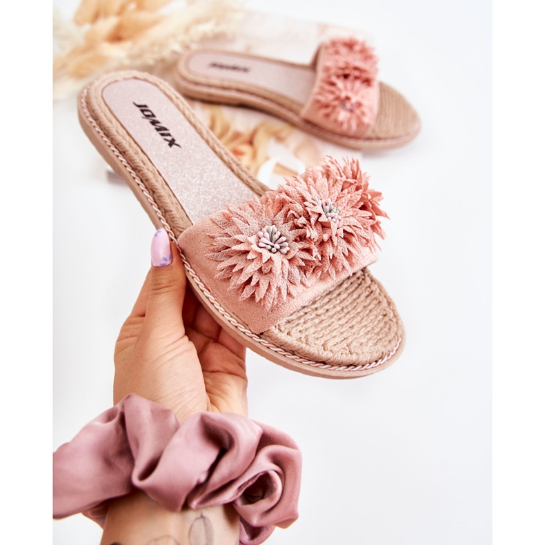 WJ1 Chinelos femininos com flores de tecido rosa Susana 1