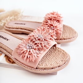 WJ1 Chinelos femininos com flores de tecido rosa Susana 2