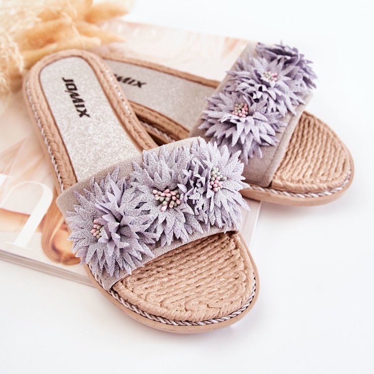 WJ1 Chinelos femininos com flores de tecido cinza Susana 2