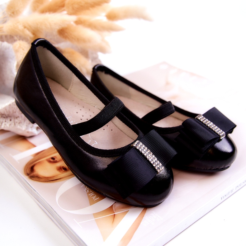 S.Barski Bailarinas infantis de couro com laço decorativo preto clarinho 5