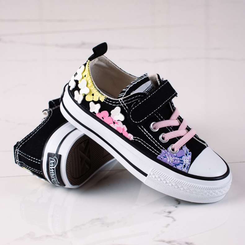 Shelovet tênis infantil baixo preto com flores multicolorido 1