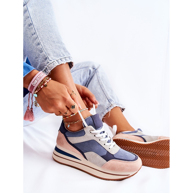 PS1 Tênis esportivo feminino de camurça azul-cinza Elisse rosa 1