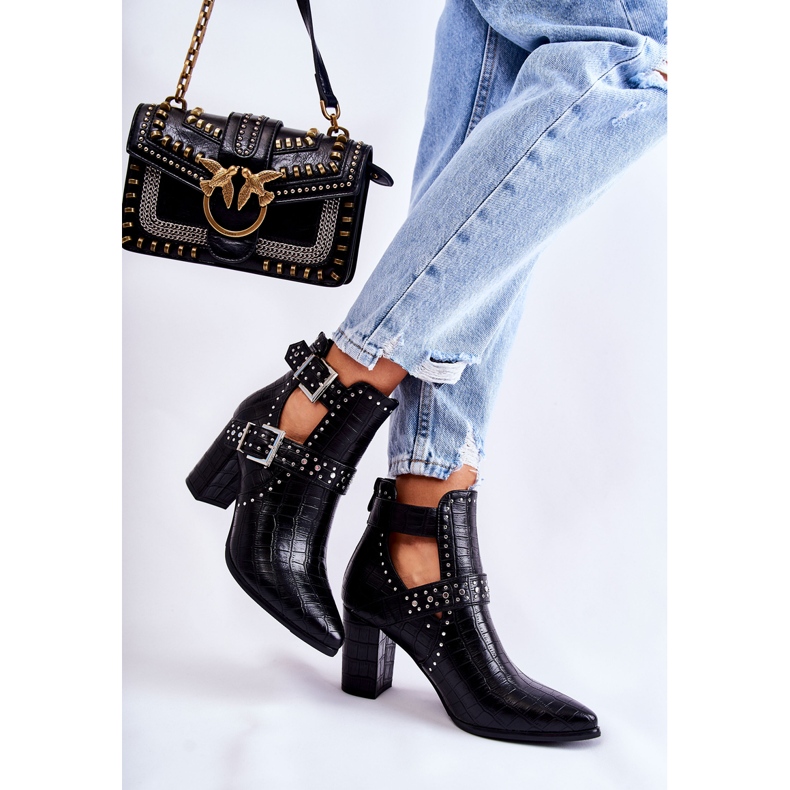 WJ2 Botas femininas no calcanhar com strass preto Kelin 2