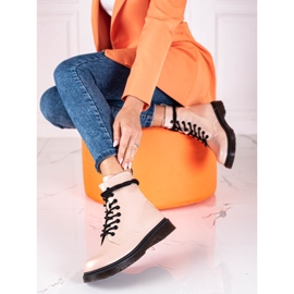 Botas Shelovet de mulher bege com atacadores e brilho metálico 1