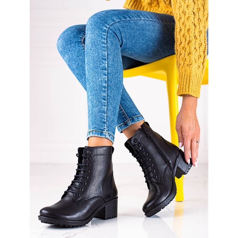 T.Sokolski Botas femininas Sokolski pretas com cadarço feitas de couro natural preto 2