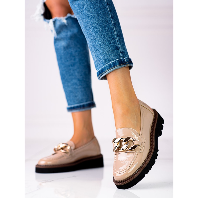 Mocassins femininos na plataforma Vinceza em couro envernizado, bege castanho 1