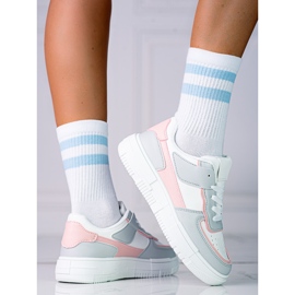 Tênis feminino com cadarço na plataforma Shelovet feito de couro ecológico em branco e rosa cinza multicolorido 1