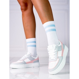 Tênis feminino com cadarço na plataforma Shelovet feito de couro ecológico em branco e rosa cinza multicolorido 2