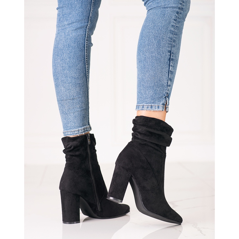 Botas femininas no poste Shelovet pretas com babados na parte superior preto 1