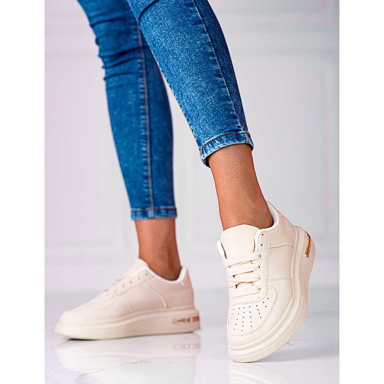 Shelovet sapatos esportivos brancos com cadarço feitos de couro ecológico, bege 1