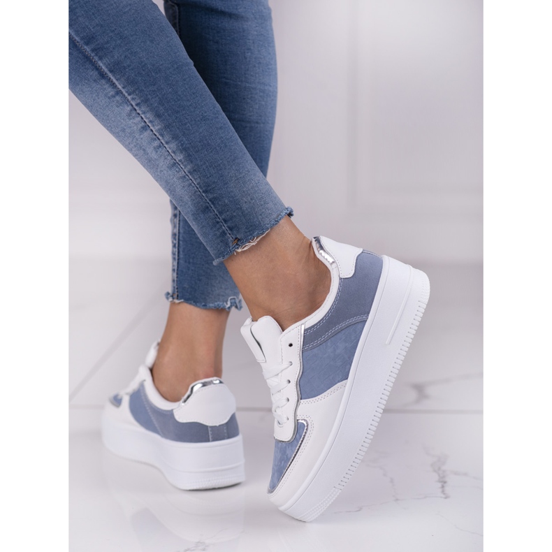 Tênis feminino com cadarço branco e azul em plataforma alta Shelovet 1