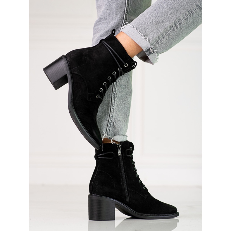 Botas femininas com amarração Shelovet pretas feitas de camurça ecológica preto 1