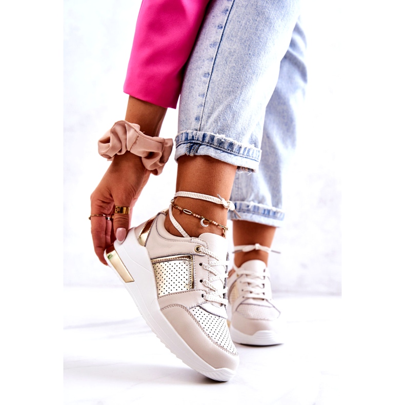 S.Barski Tênis esportivo feminino de couro em cunha bege Larson 1