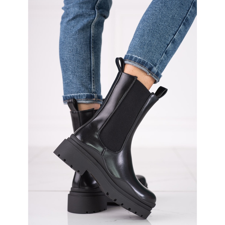 Botas de cano alto Chelsea para mulher em plataforma grossa Shelovet preta preto 1