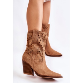 FB1 Botas de cowboy de camurça da moda com flores de camelo Coralie marrom 1