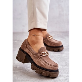 PL5 Salto alto de camurça com decoração de lurdes marrom dourado bege 1