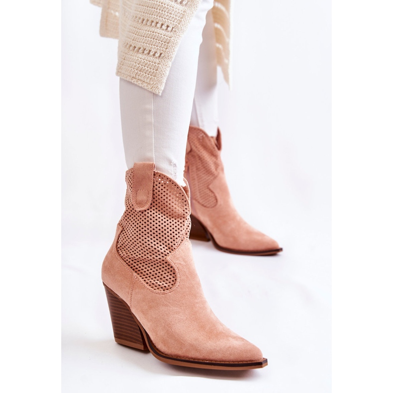 Botas femininas de camurça aberta Cowboy rosa Eleonore bege 1