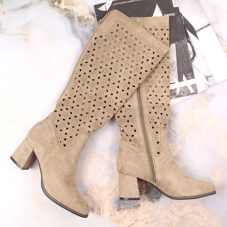 POTOCKI Botas femininas, vazado, camurça marrom Daszyński bege castanho 1 POTOCKI Botas femininas, vazado, camurça marrom Daszyński bege castanho 1