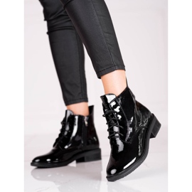 Botas Shelovet femininas elegantes com renda, feitas de couro ecológico envernizado preto 1