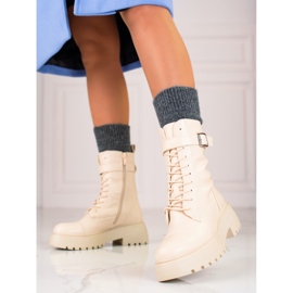 Botas altas de trabalho femininas bege com atacadores 1