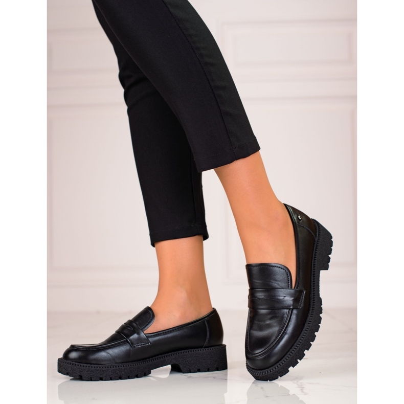 W. Potocki Mocassins femininos clássicos em uma sola grossa Potocki preto 1