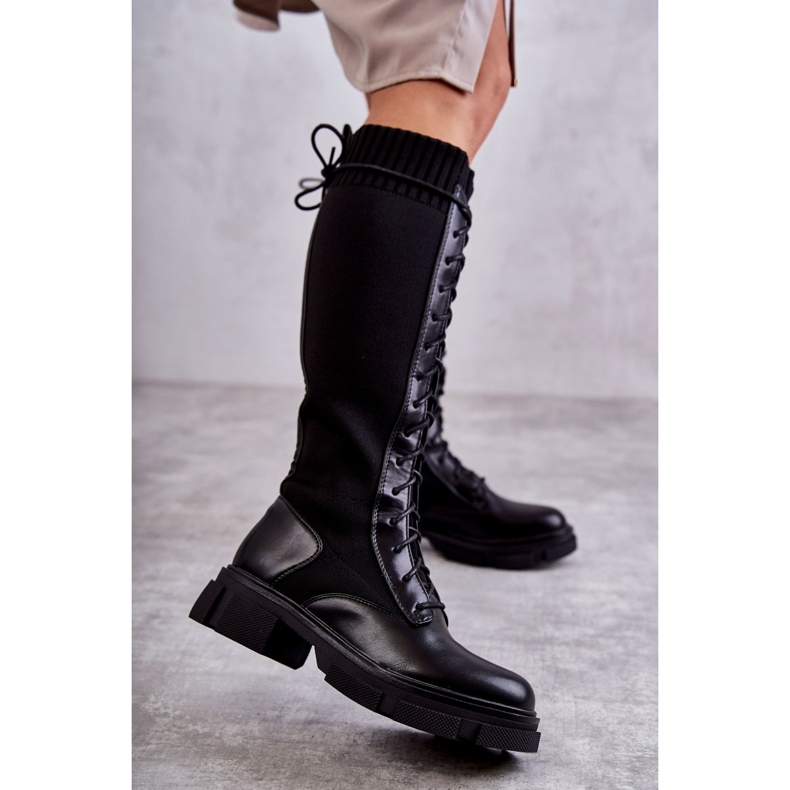 PS1 Botas femininas com meias de salto plano preto Verano 2