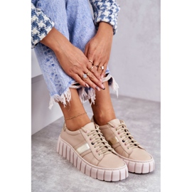 PA2 Tênis esportivo feminino de couro amarrado bege-dourado Ariva castanho 1