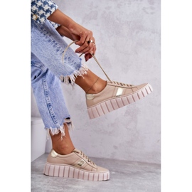 PA2 Tênis esportivo feminino de couro amarrado bege-dourado Ariva marrom 2