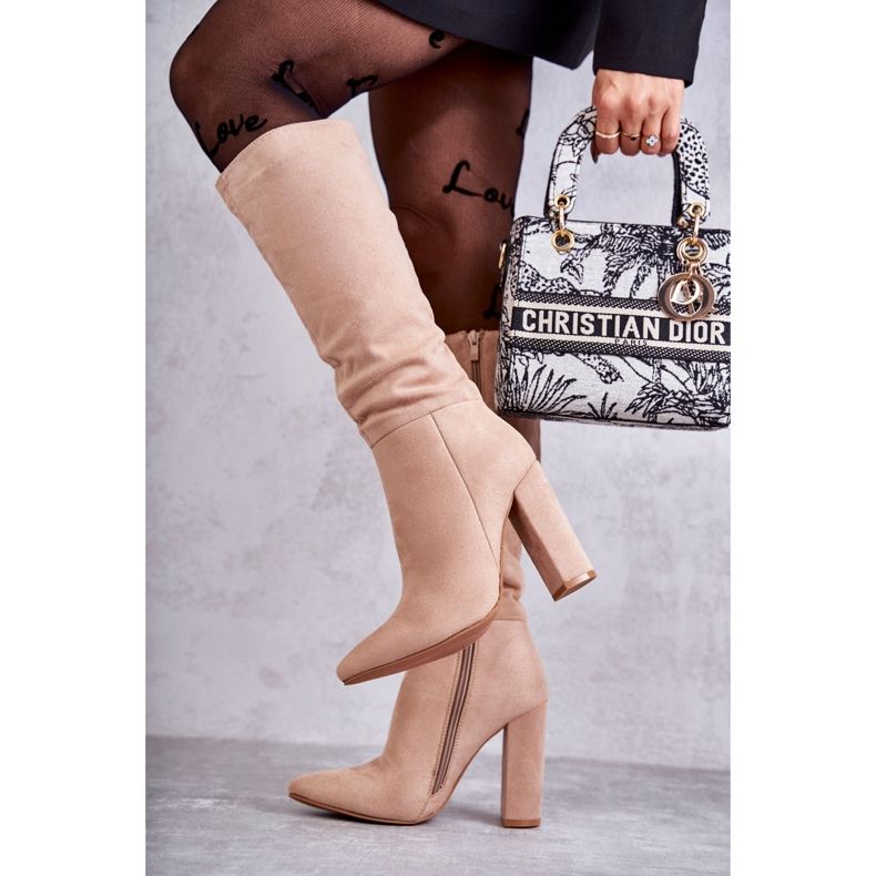 Botas Clássicas com Salto de Camurça Bege Escuro Tressa castanho 2 Botas Clássicas com Salto de Camurça Bege Escuro Tressa castanho 2
