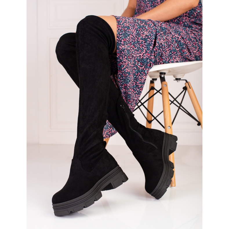 Botas de cano alto Shelovet de mulher em uma plataforma preta preto 2