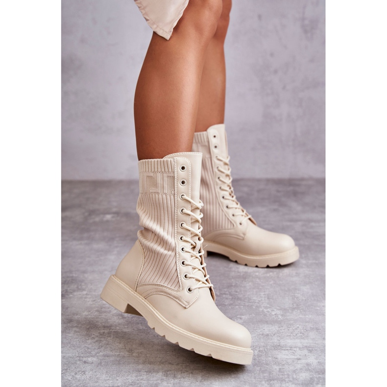 FS1 Botas femininas com meia no salto liso bege Liam marrom 2