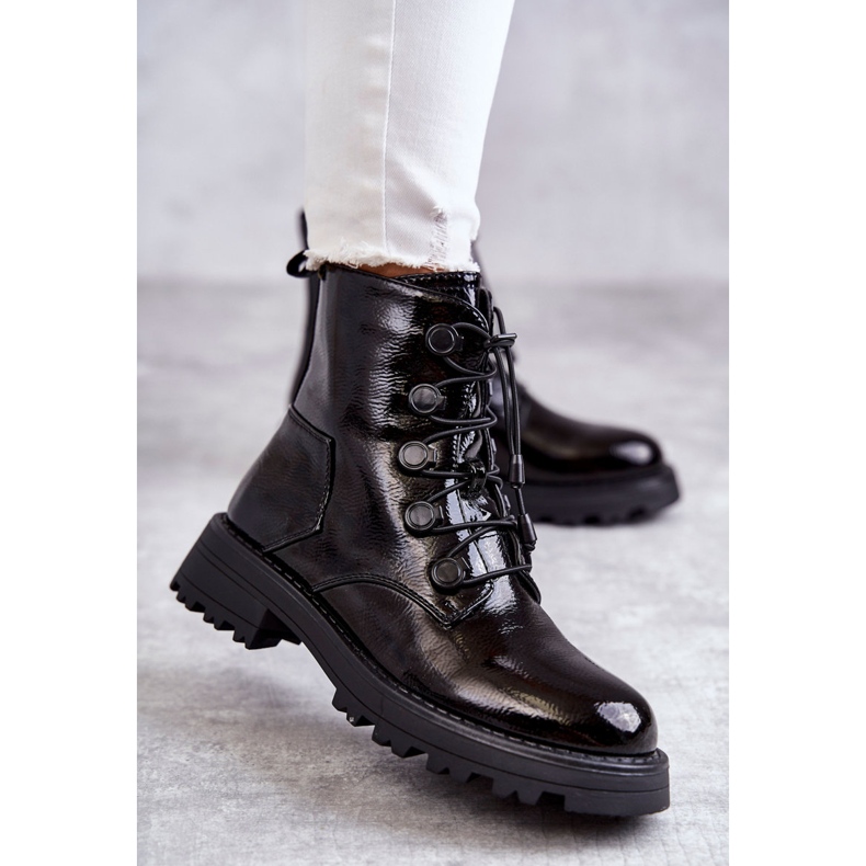 PJ1 Botas quentes femininas lacadas com nervuras pretas Helia preto 1