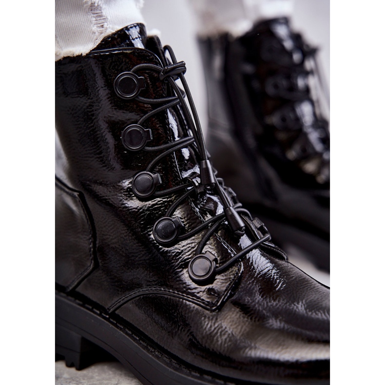 PJ1 Botas quentes femininas lacadas com nervuras pretas Helia preto 2