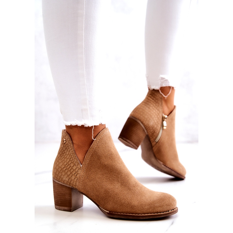 PL5 Botas femininas de couro com salto Camel Larsa marrom 1