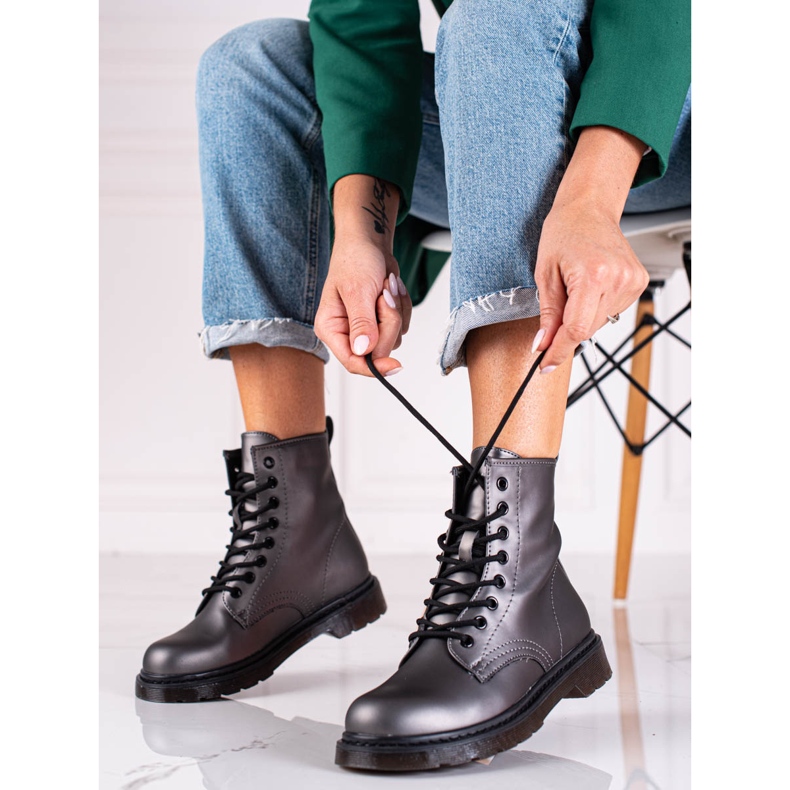 Botas Shelovet de mulher cinzentas com atacadores com brilho metálico cinza 1