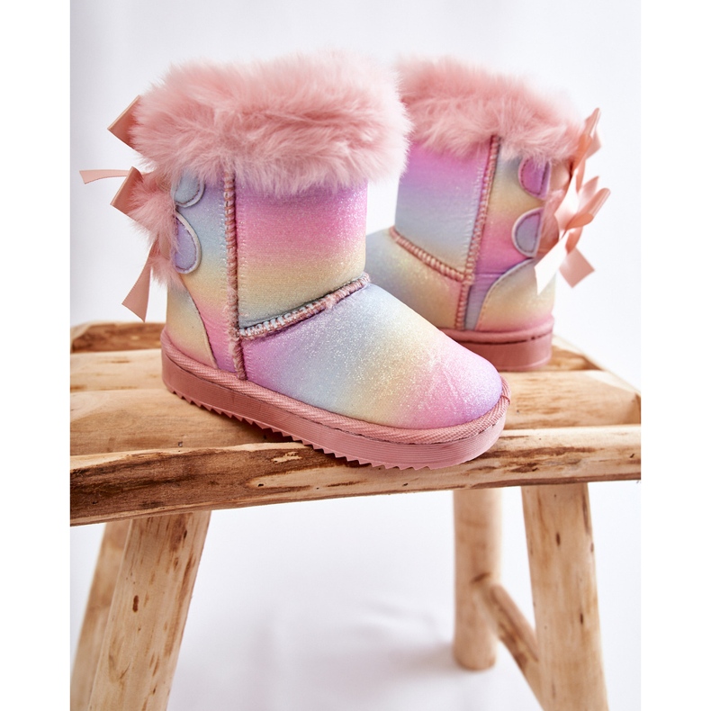 Botas quentes infantis com laços multicoloridas botas de neve divertidas rosa 2